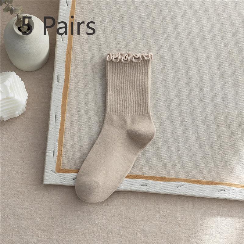 5 Pairs of Women's Summer Thin Style In The Tube Wooden Ear Side Socks