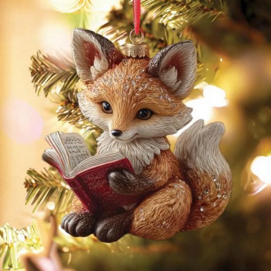 Cute Forest Fox/Raccoon Reading Ornament 2D Flat Acrylic Christmas Ornaments Woodland