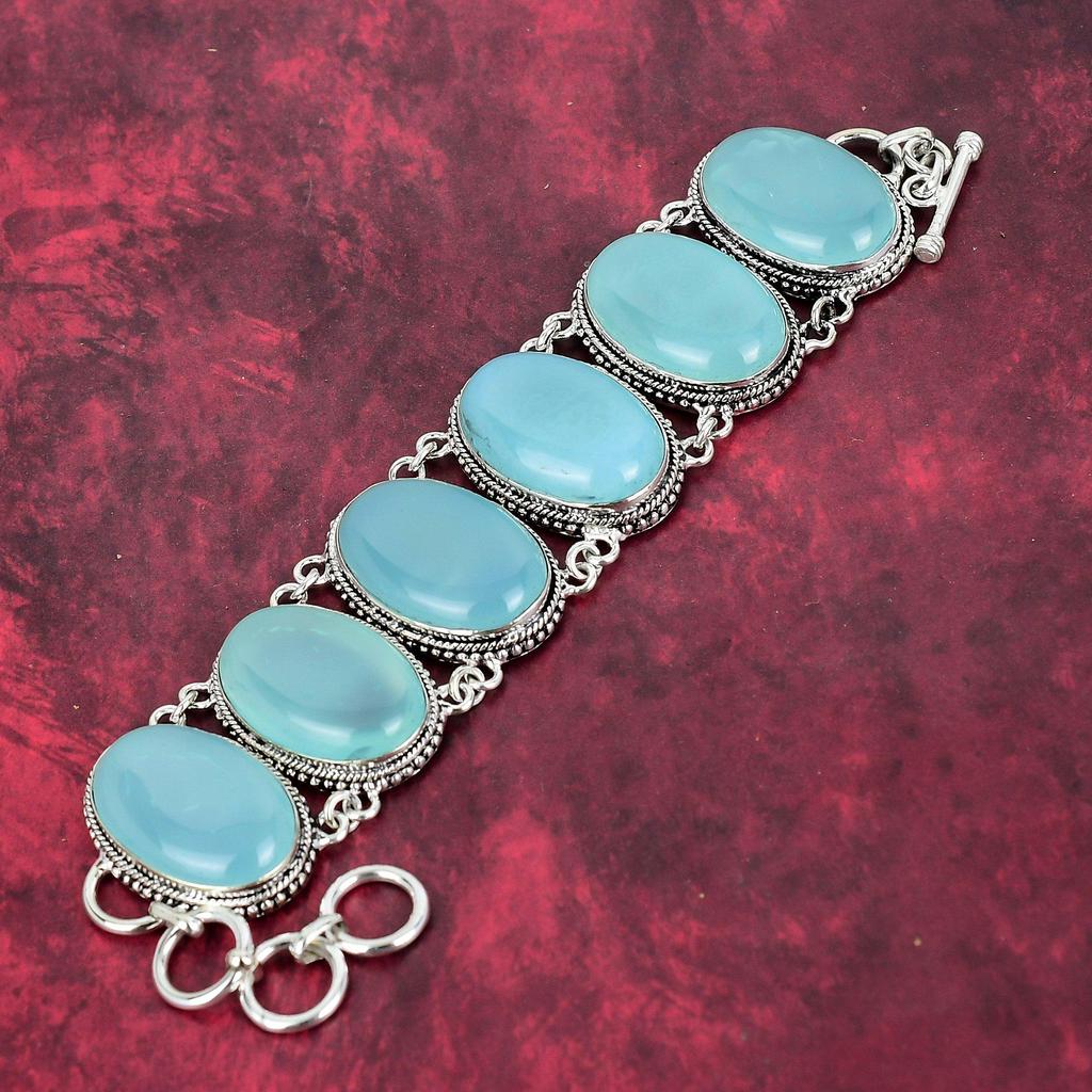 Браслет из аква-халцедона, браслет из твердого стерлингового серебра 925 пробы, ювелирные изделия из натуральных драгоценных камней, регулируемый браслет-цепочка, подарок для девушки, ювелирные изделия ручной работы