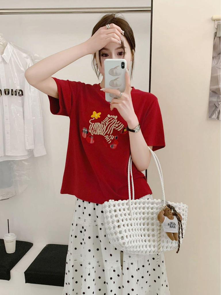 Korean Style Cartoon Zebra Embroidery Women's Loose Cotton Short Sleeve T-shirt