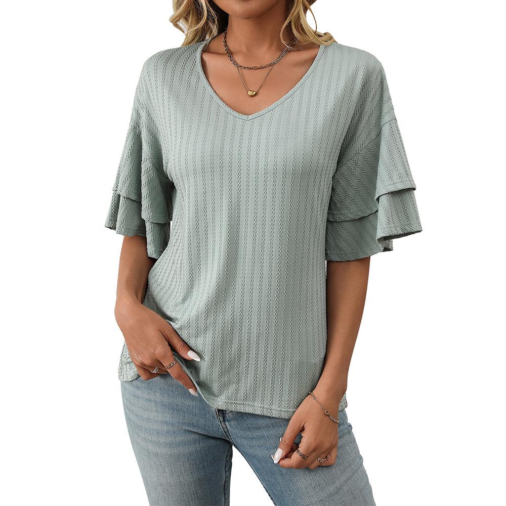 Women's 2025 V-Neck Ruffled Sleeve Short Sleeve T-Shirt, Solid Color Casual Summer Blouse with Flowy Hem for Daily & Vacation Outfits