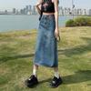 Elegant Woman Split Female Casual High-waisted Design Leather Label A-line Package Hip Mid-length Versatile Comfortable Fashion Denim Bustier Skirt