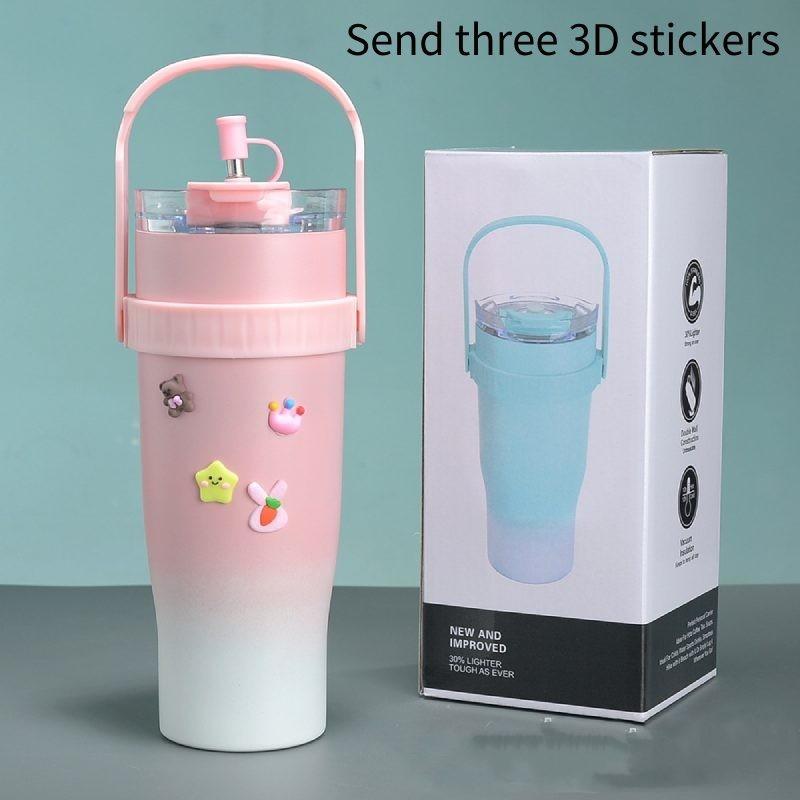 Large Cup Thermos Capacity Stainless Steel Convenient Durable Straw Carried Can