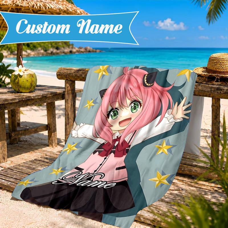 Custom Name Pink Hair Anya Beach Towel Microfiber Beach Towel, Lightweight and Quick-Dry, for Summer Travel, Swimming Pool Gift