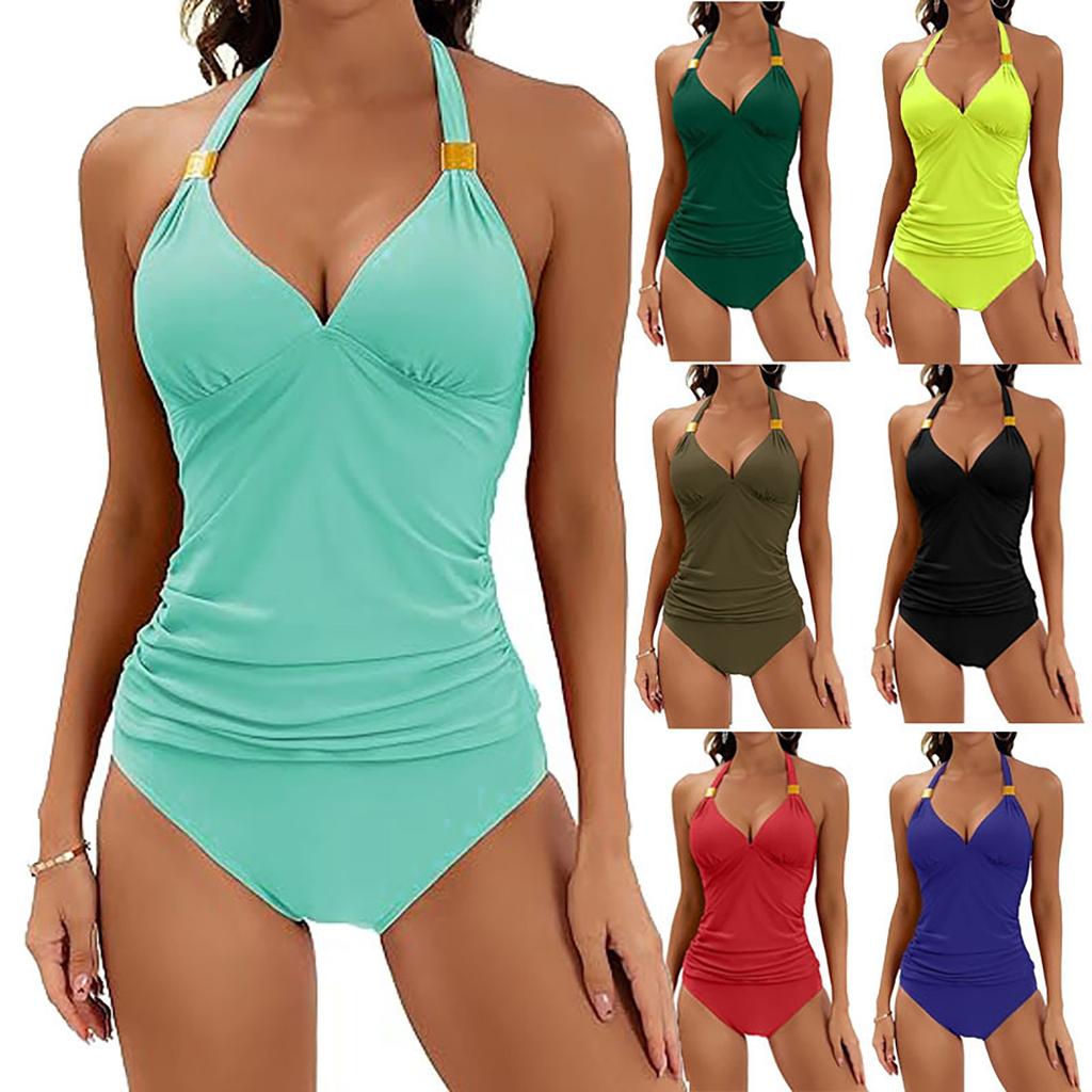 Women's Solid Color Panel Split Flat Angle Large Swimsuit Swimwear Bathing Suit