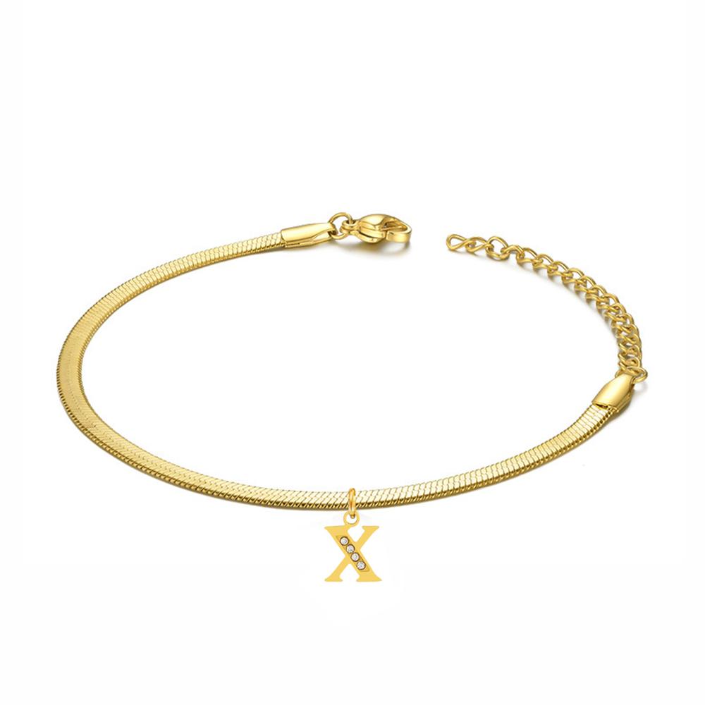 Punk 3mm Flat Snake Chain Bracelet Female Gold Color Stainless Steel Alphabet Initial Letter Charm Bracelet for Women Jewelry