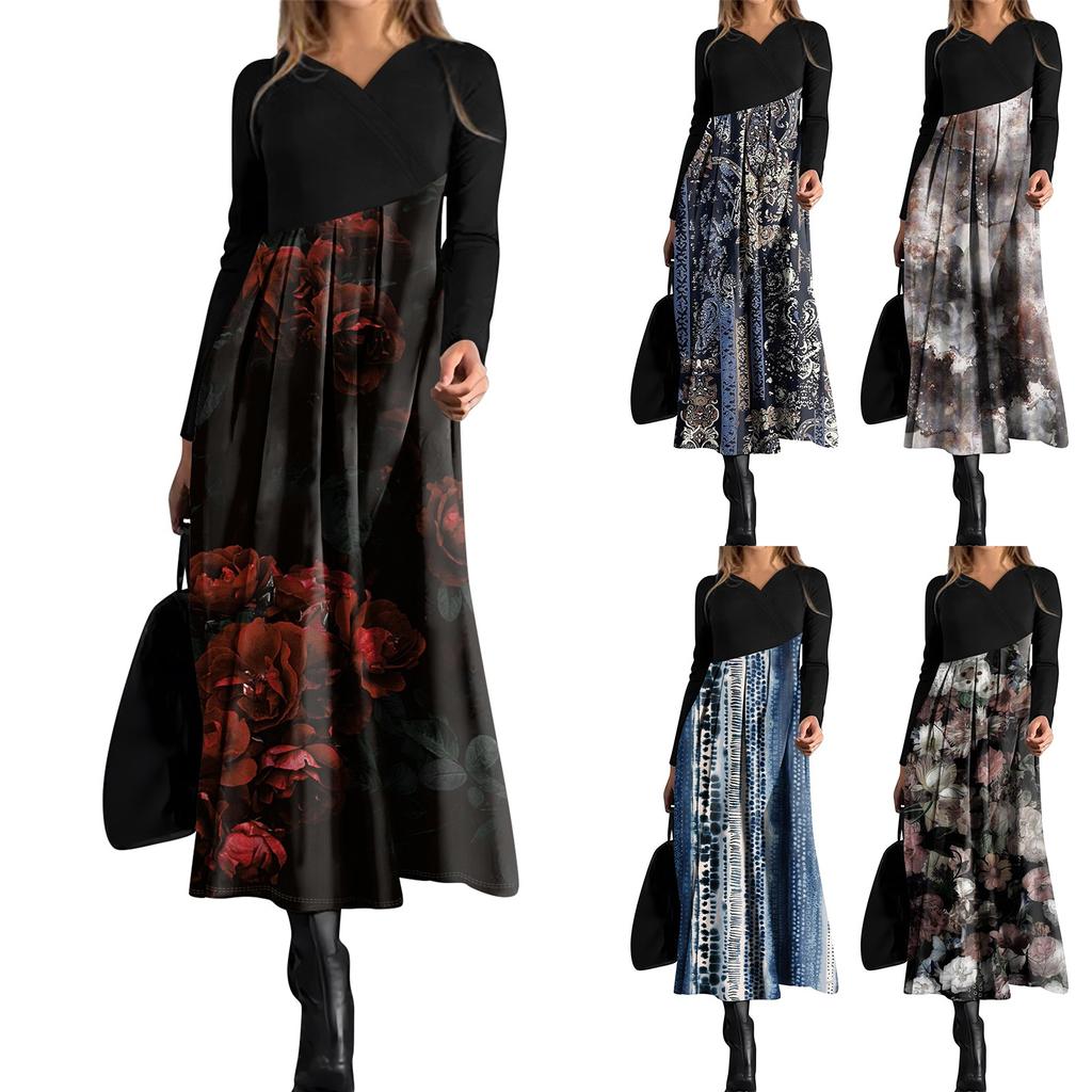 Women's Casual Fashion V-neck Long Sleeve Dress Flower Print Waist Pocket Swing Dress