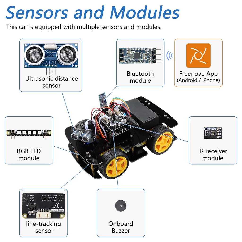 Freenove Комплект автомобиля 4WD IDE с ультразвуковым датчиком обнаружения препятствий по линии и беспроводным управлением, моторы, сервоприводы (Совместимо с Arduino) Отслеживание, Избегание, Датчики,