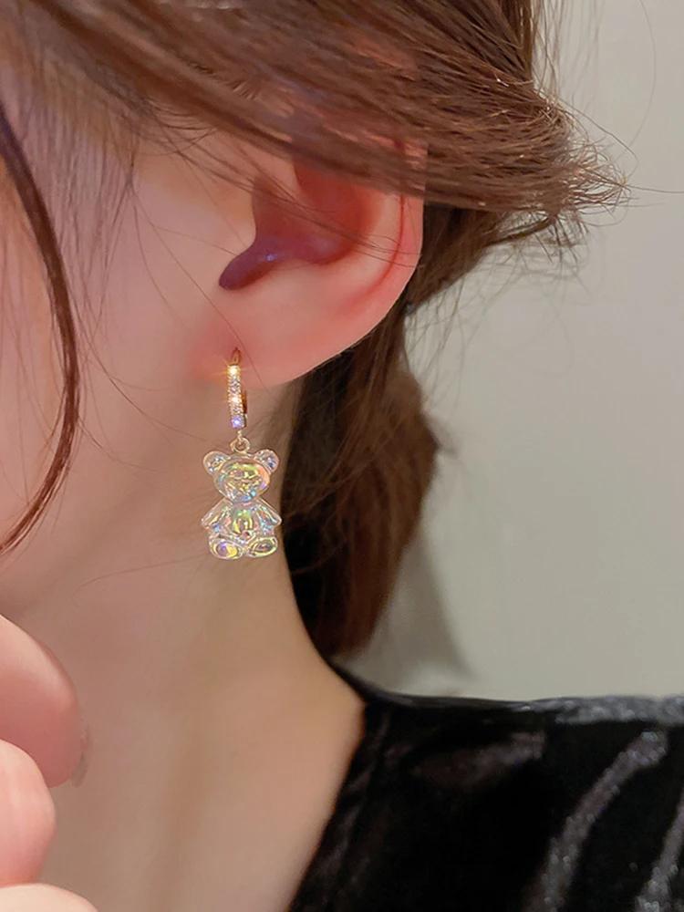 Милые серьги-мишки для женщин Блестящие циркониевые серьги 2024 Новые трендовые серьги-капли из золотистой меди Вечеринка Свадьба Циркон Подарки для девочек