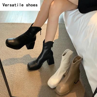 Женские короткие сапоги на толстом каблуке с платформой, модные ботильоны с квадратным носком, утягивающие ботильоны в стиле ретро, осенне-зимняя женская обувь