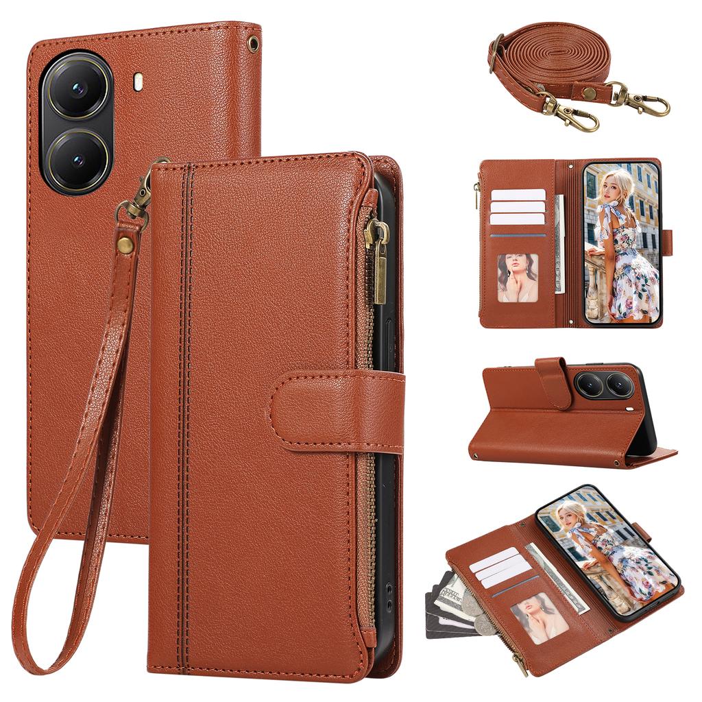 Для Xiaomi Poco X7 Pro 5G/Redmi Turbo 4 5G Чехол Многослотовый на молнии Кожаный чехол для телефона с плечевым ремнем/ремешком на запястье