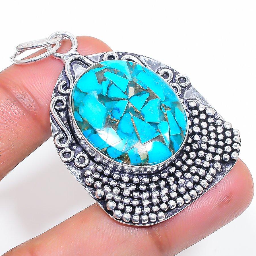 Natural Copper Blue Turquoise 925 Sterling Silver Jewelry Pendant 2.05" l3W37