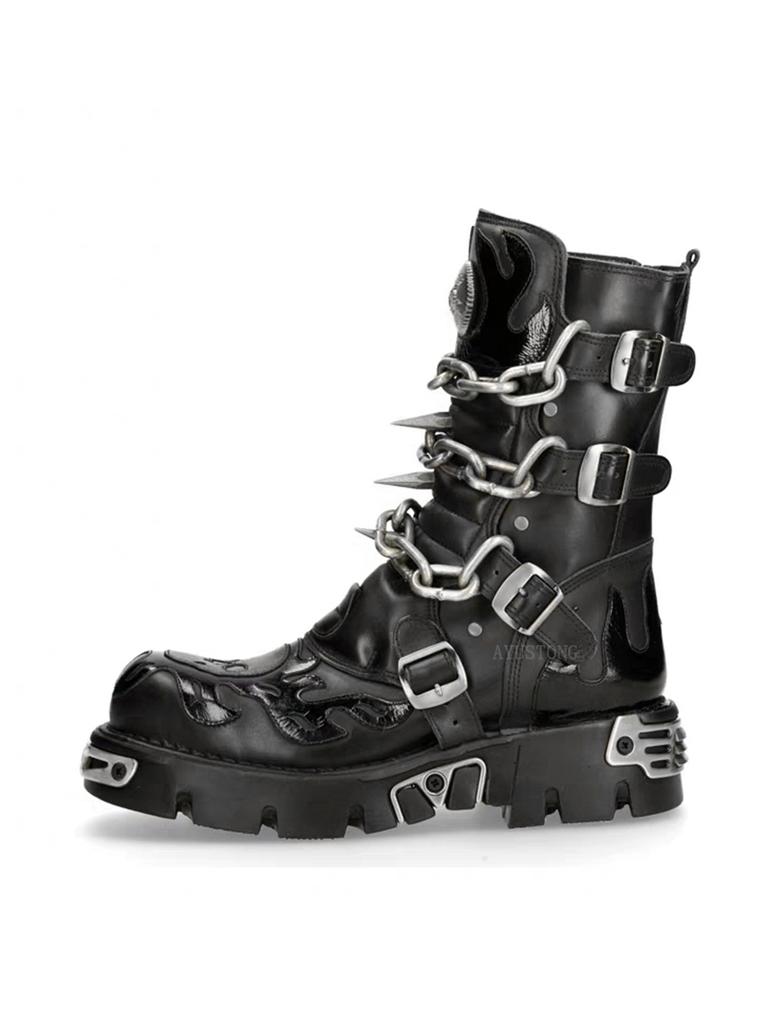 New Men's Punk Motorcycle Boots Metal Thick Heel Goth Skull Buckle Mid- Calf Combat Boots Zipper Round Toe Women Western Boots