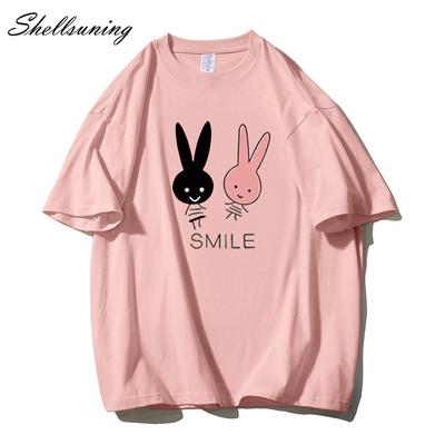 Shellsuning милый кролик графический принт футболки женские летние повседневные свободные футболки с коротким рукавом с круглым вырезом женские модные топы из 100% хлопка женские