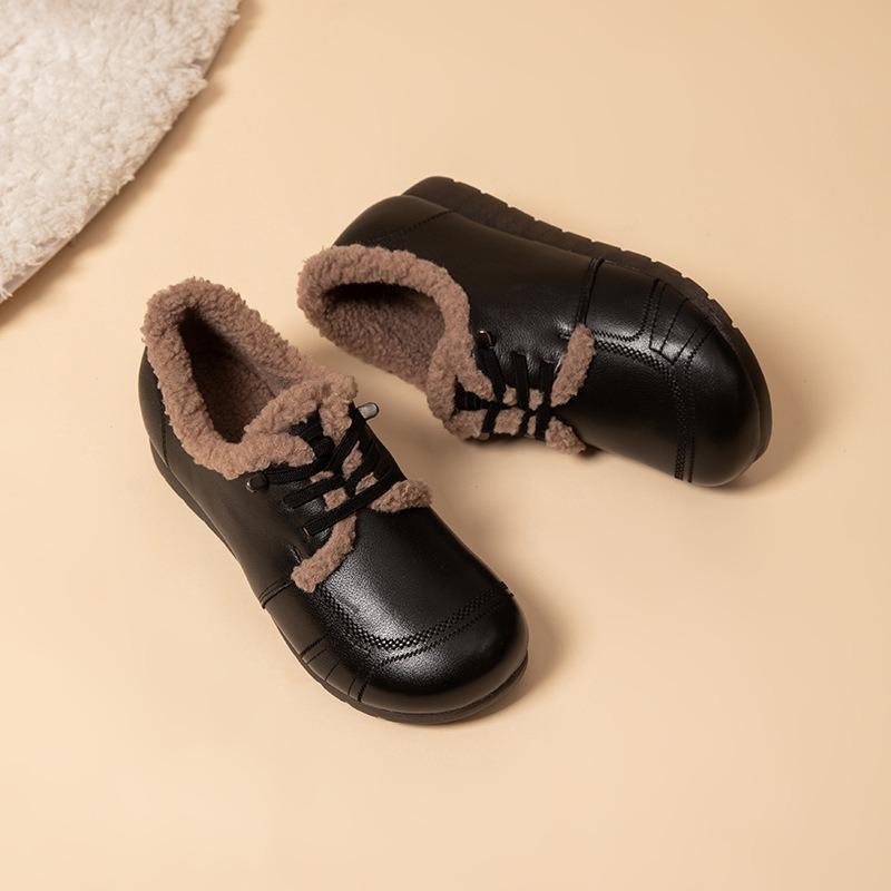 Winter Leather Soft-soled Velvet Cotton Shoes Casual Warm Mother Shoes Medium Old Flat-heeled Retro Wool Single Shoes Women