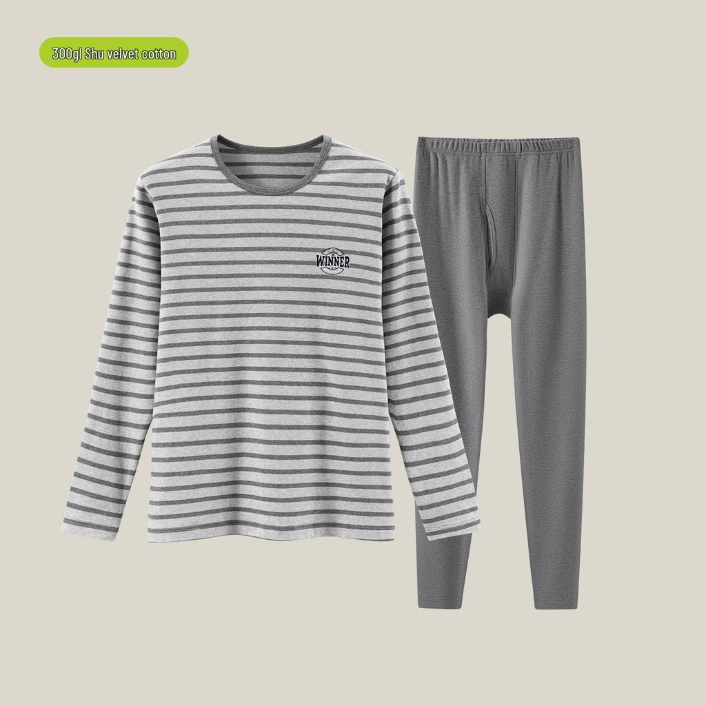 2025 Новый подростковый полосатый теплый флисовый комплект нижнего белья из бархата и хлопка с лайкрой для осени/зимы