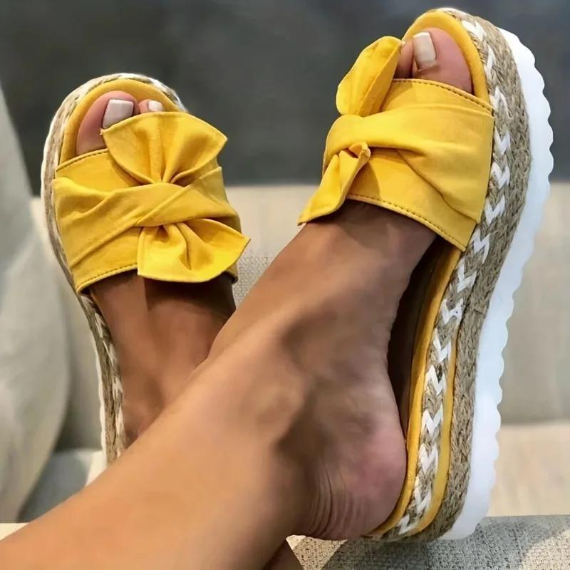 Women's Twist Knot Platform Espadrilles Slippers, Lightweight Open Toe Non Slip Beach Slides Shoes, Casual Outdoor Sandals 1688