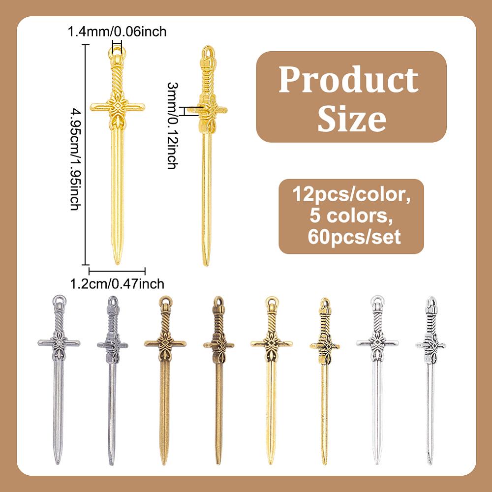 60Pcs 5 Colors Tibetan Style Alloy Pendants Sword Mixed Color 49.5x12x3mm Hole: 1.4mm 12pcs/color
