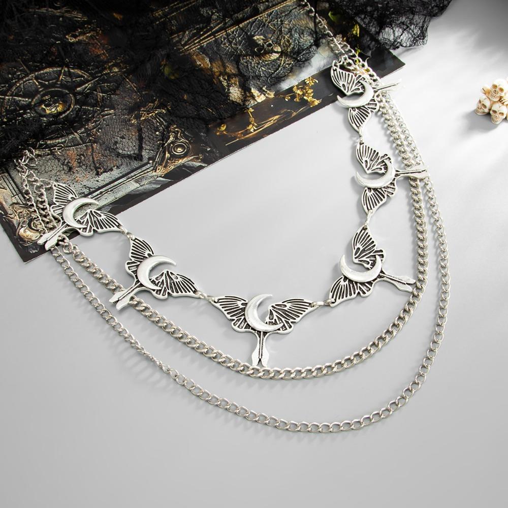 Charm Gothic Sliver Color Crescent Moon Moth Wings Spliced Multi-layer Waist Chain Necklace for Women Halloween Body Jewelry