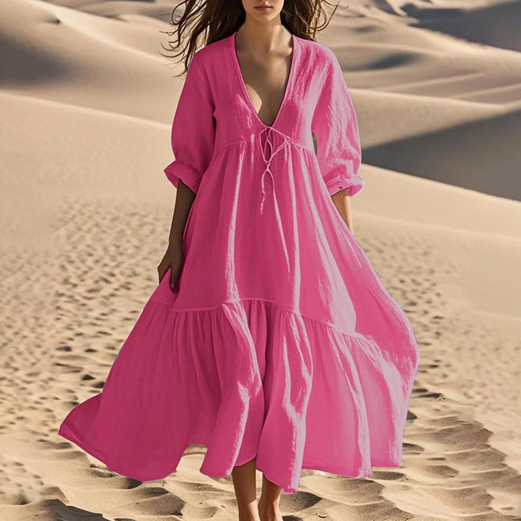 Женское летнее модное однотонное платье с V-образным вырезом и короткими рукавами для пляжа, платье с кружевной отделкой