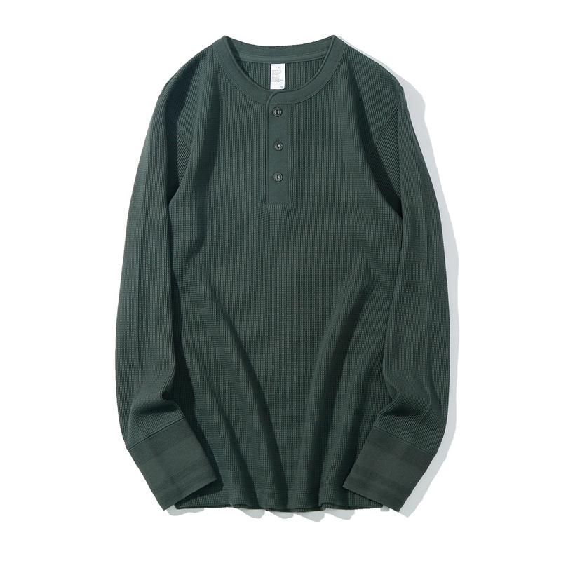 Men's Henley Long Sleeve T-Shirt Waffle Knit Heavyweight Slim Fit Casual Vintage Spring Base Layer Top