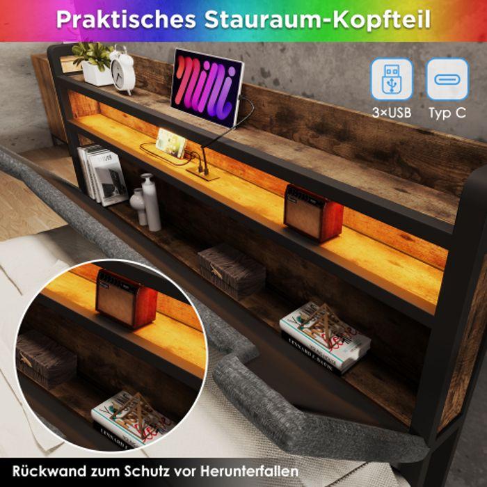 Tête de lit escamotable - MUVOE - 140x200 - USB Type C - Éclairage LED - Tiroirs de rangement