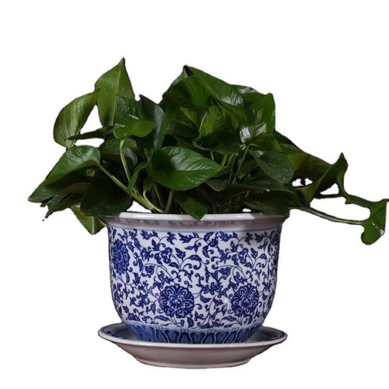 Zhu Chuang Jing Pin Blue & White Ceramic Flower Pot with Tray