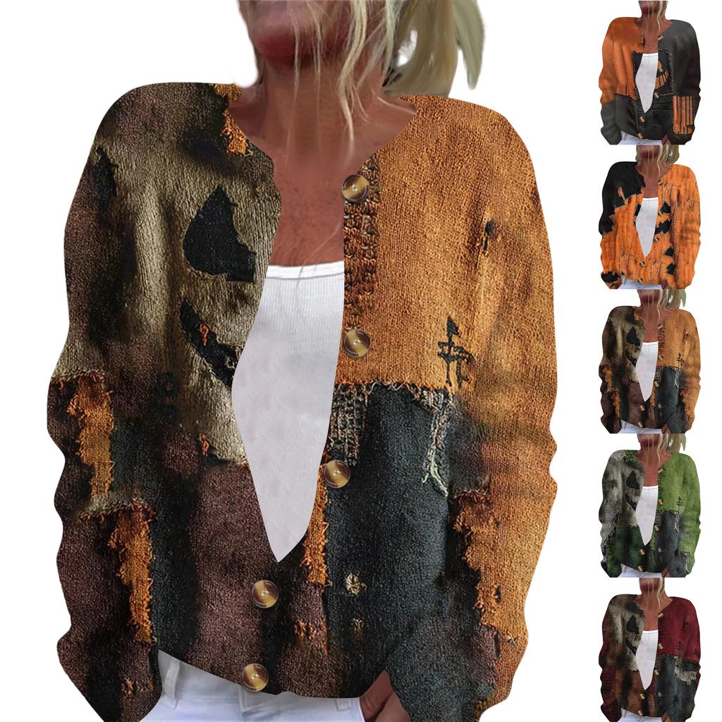 Women's Fashion Printed Long Sleeve Knitted Cardigan Button Down Jacket