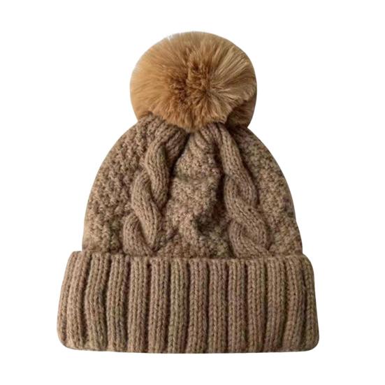 Unisex Winter Beanie Knitted Thick Folded Brim Solid Color Stretchy Pom-Pom Hat Ear Protection Piled Hat Windproof Cold Weather Warm Headgear