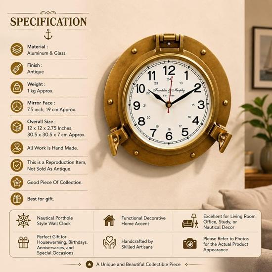 30.48 cm Brass Porthole Clock Antique Marine Ship Wall Decor