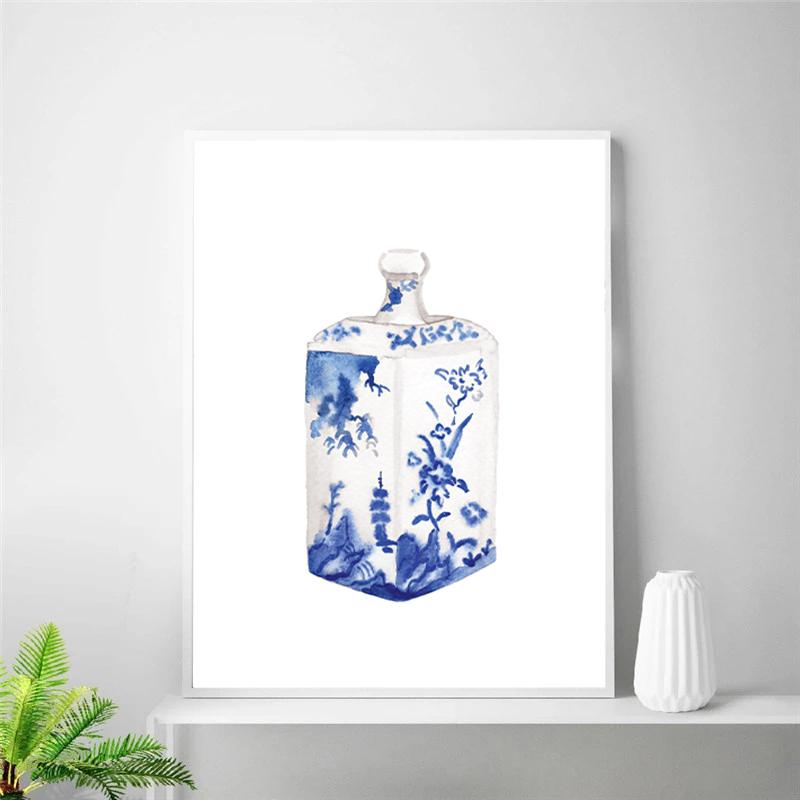 Watercolor Chinoiserie Vases Prints Ming Porcelain Blue and White China Art Canvas Painting Eastern Art Poster Wall Art Decor