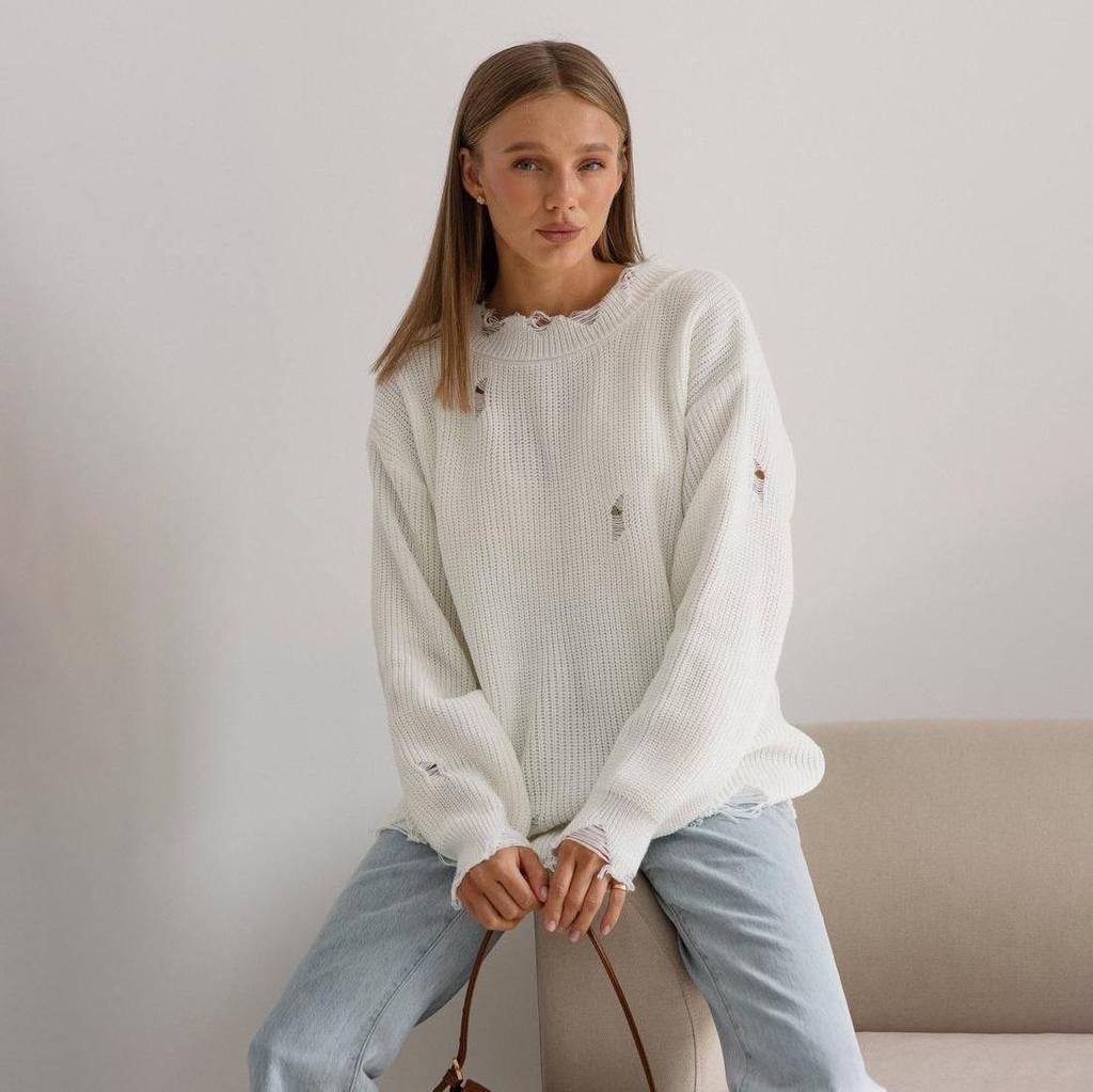 Autumn Winter Vintage Loose Long Sleeve Top Blocked Color Pullover Knitwear O-Neck Sweater