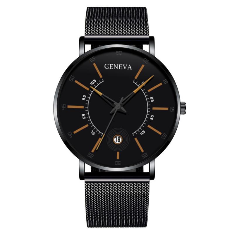 Geneva Mens Watches Balck Ultra Thin Stainless Steel Mesh Band Calendar Quartz Wristwatches Relogio Masculino reloj mujer