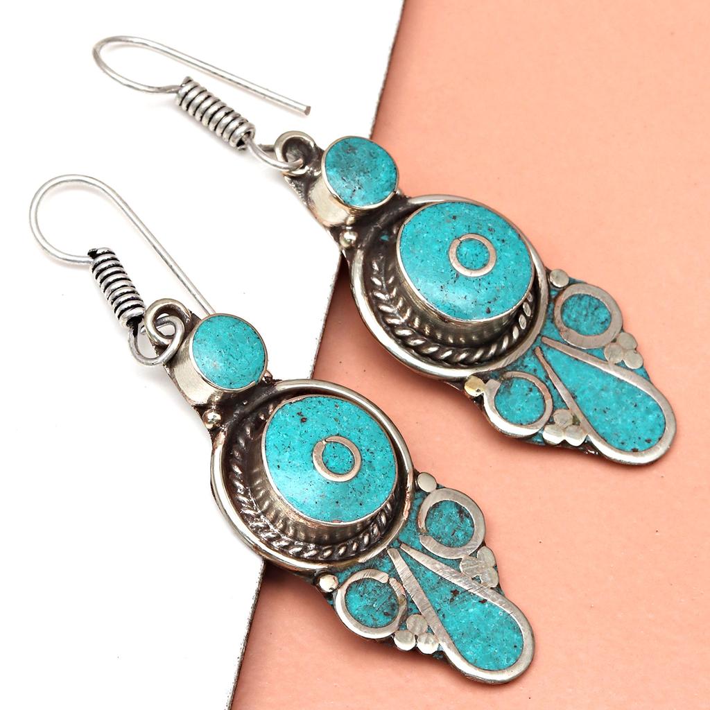 Tibetan Turquoise Coral Red Earrings Nepali Tribal 12gms 1.5" 1.6" Chunky Gift