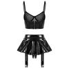 Womens Two Piece Patent Leather Lingerie Set Mesh Underwire Bra Ruffle Miniskirt Garter Belt Clubwear