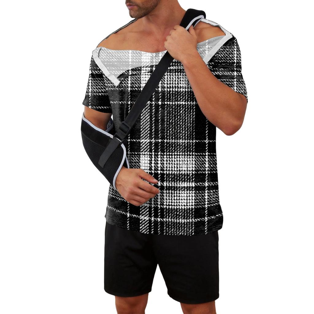 Men Recovery Shirt Full Front Opening Short Sleeve with Side Closures Plaid Print Adaptive Top for Use