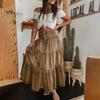Women Denim Skirt High Waist Buttons Fly Multi Layer Ruffle Stitching Long Skirt Bohemia Style Casual Skirt