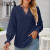 Women's Fashion Casual Autumn Winter Solid Color Print Long Sleeve V-Neck Blouses & Shirts