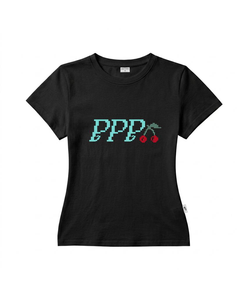 PAGESIISII Ppp Пиксельный вишневый принт Узкий крой Короткий рукав Футболка [2 цвета]