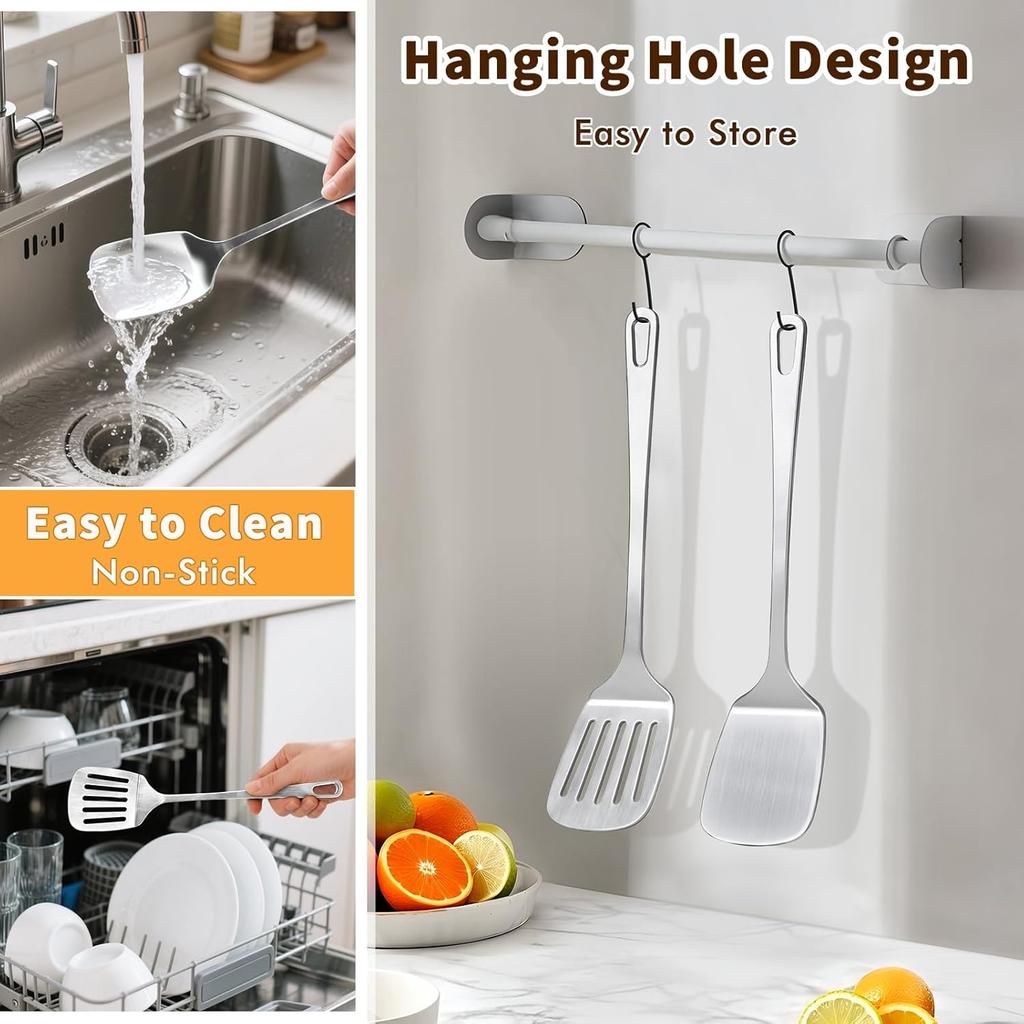 2pcs Stainless Steel Spatula Set Solid Slotted Spatula High-Durable Heavy-Duty Kitchen Utensils Easy Clean for Fish Eggs