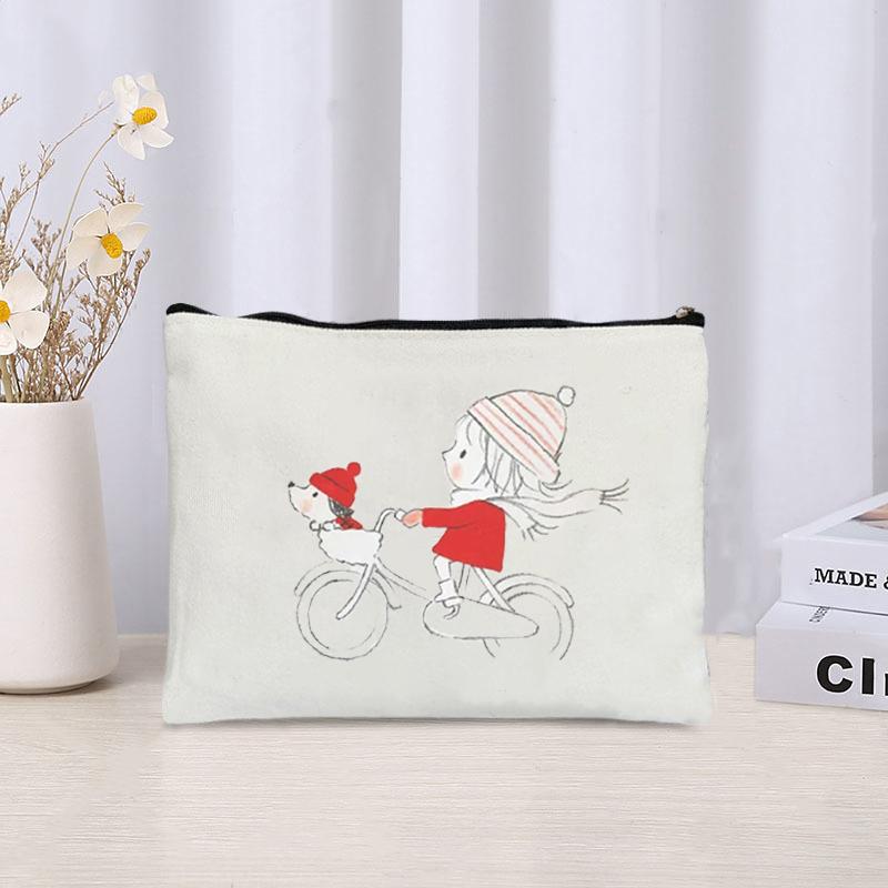 Cute Girl Printed Canvas Cosmetic Bag Organizer Zipper Pouch Sundries Office Supplies Pencil Case Lipstick Perfume Makeup Bags
