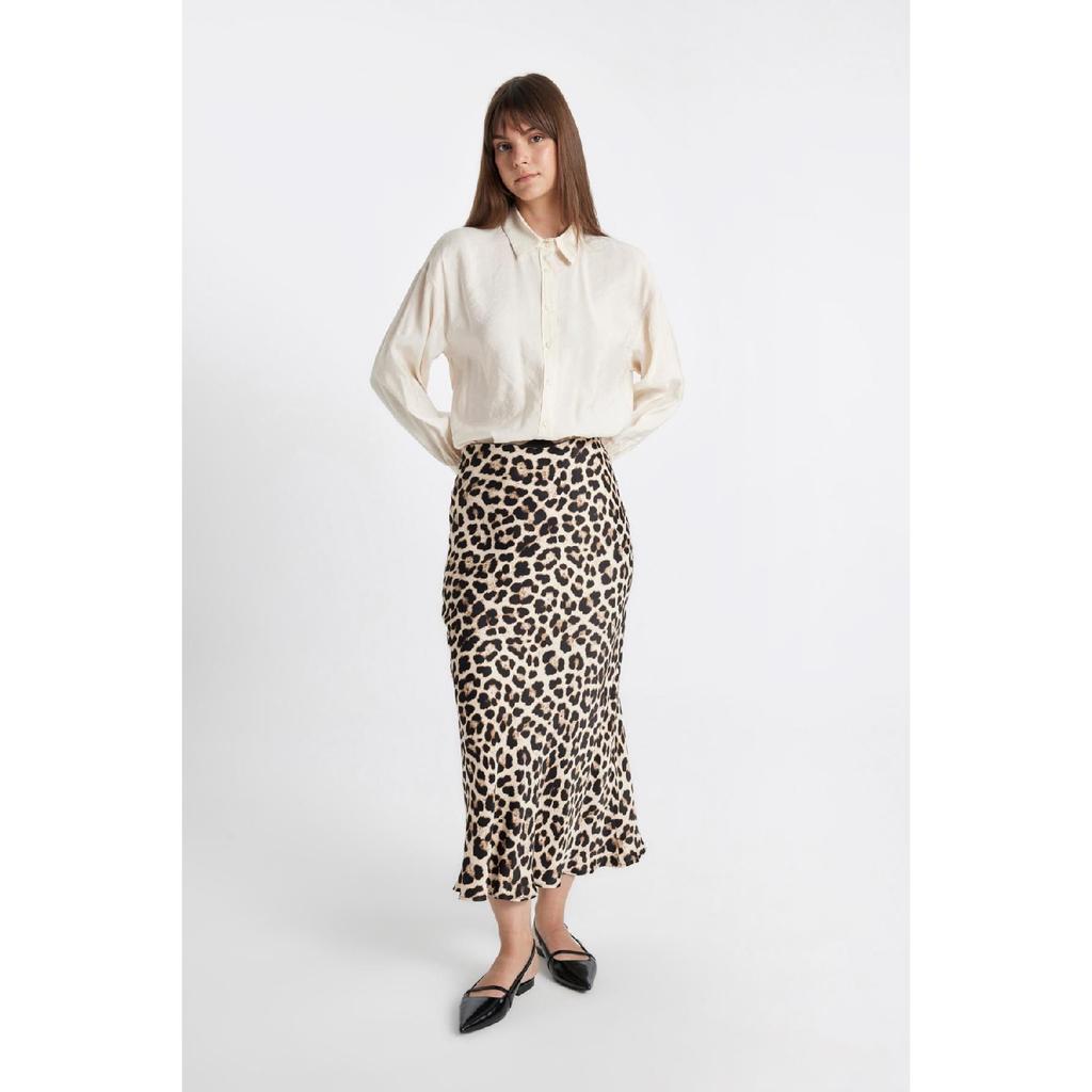 A-line High Waist Leopard Patterned Long/maxi Length 100% Satin Skirt D3905axns