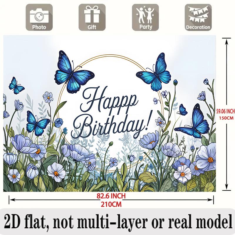 Blue Floral Birthday Banner, Multicolor Wall Hanging Photo Backdrop for Party