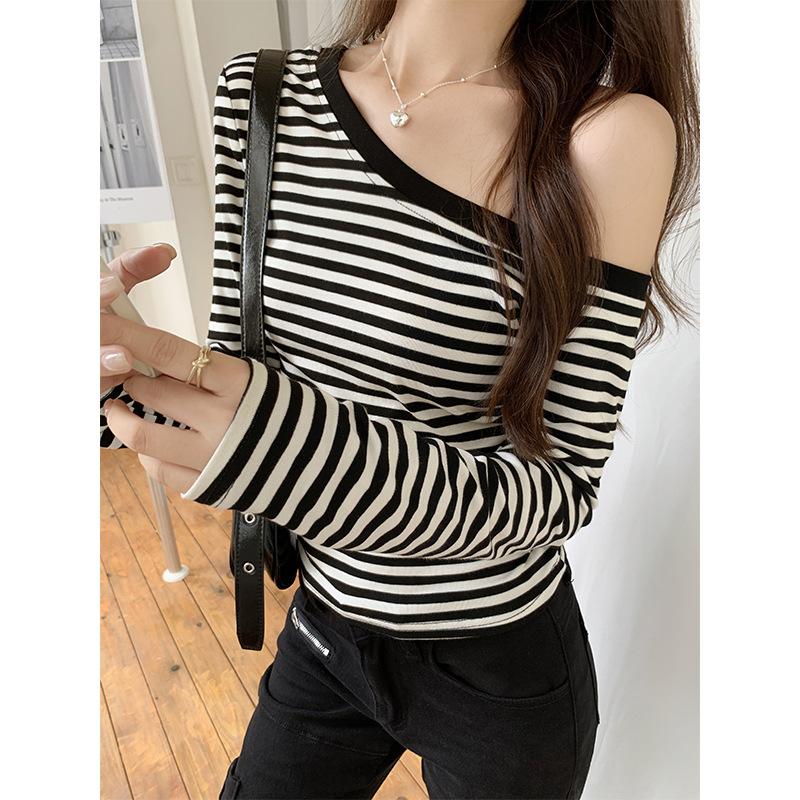 Pure Desire Slanted Shoulder Sexy Striped Off-shoulder Long-sleeved T-shirt Women's Early Autumn New Design Niche Slim Bottoming Top