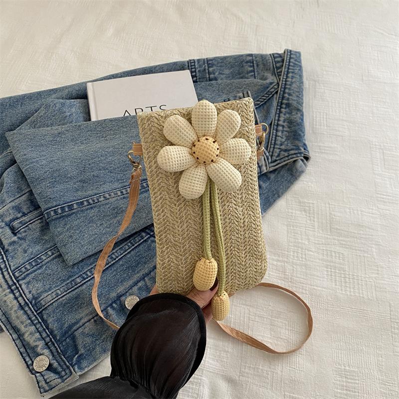 Flower Woven Bag with Simple Texture and New Trend Summer Mobile Phone Bag Women's Bag Shoulder Messenger Bag