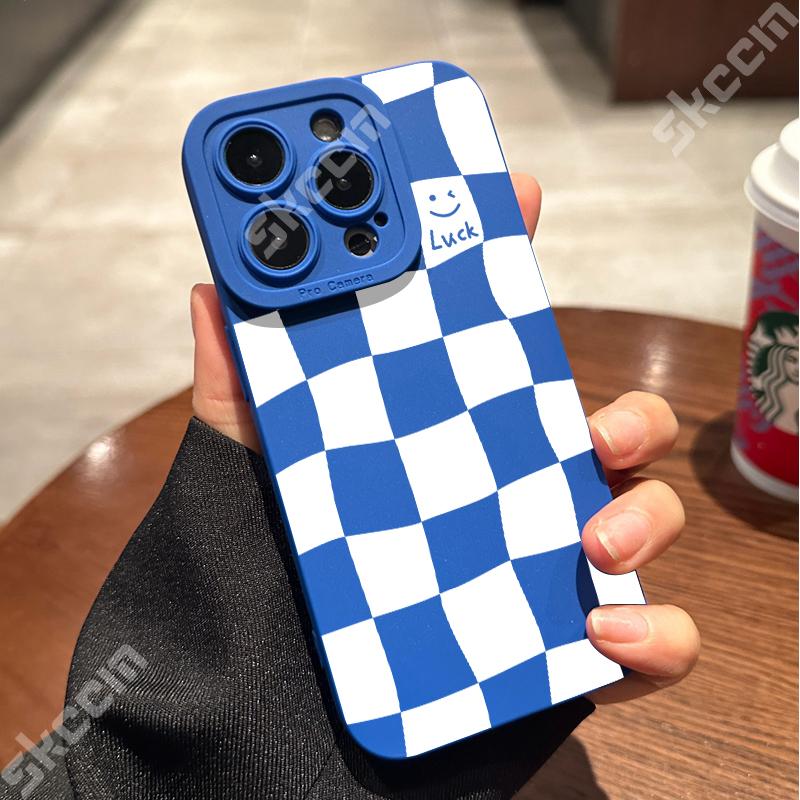 Белый Клетчатый Чехол для Телефона с Принтом Улыбающегося Лица для iPhone 16 15 14 13 12 11 Pro Max Mini 7 8 Plus X XR XS Матовый Ударопрочный Мягкий Чехол