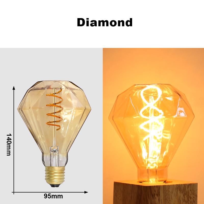Ретро Эдисон E27 светодиодная лампочка 220 В Алмаз ST64 винтажная стеклянная лампа для домашнего декора освещение мягкая спиральная светодиодная лампа 4 Вт ретро Эдисон лампа