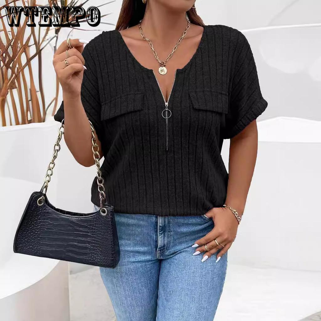 Spring and Summer Solid Color Women's Oversized Clothing Tops Zipper Short Sleeved Mock Pocket Pullover T-shirt Simple Loose Fitting Comfort
