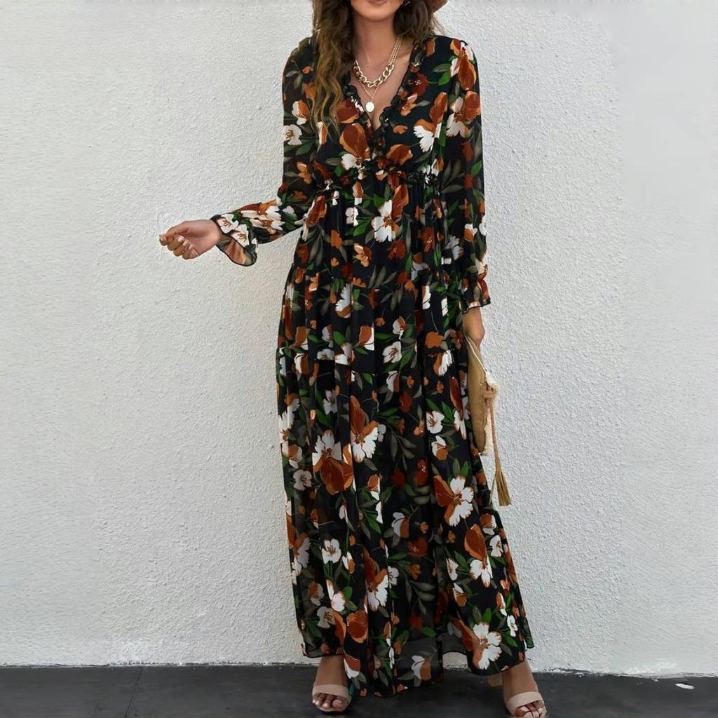 Элегантные Свободные Платья Макси с Принтом Весна Женские V-образный Вырез Пуловер Длинные Рукава Платье Высокая Талия Повседневное Платье Длины до Щиколотки