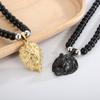 Vacuum Electroplating Lion Head Pendant Vintage 8mm Black Agate Beads Titanium Steel Men 'S Necklace 